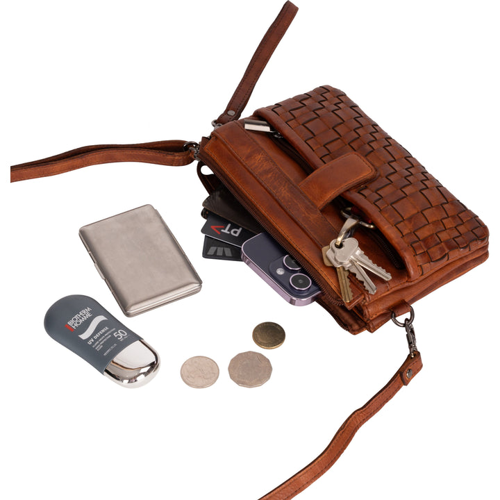 Greenwood Leather “Cherry” Woven Leather Phone Sling Bag & Clutch – Multi-Compartment Ladies Crossbody Travel Purse - Greenwood Leather